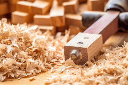 macro shot of wood shavings around a carpentry tool, created with generative aiの素材