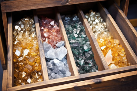 metallic minerals displayed in a wooden crate, created with generative aiの素材