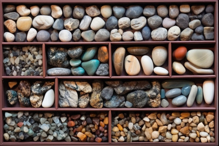 a neatly organized rock storage box, top view, created with generative aiの素材