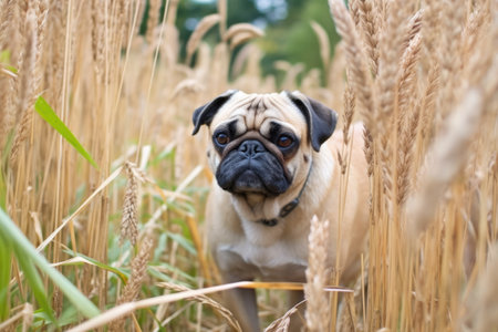 a pug on a trail surrounded by tall, dense grass, created with generative ai