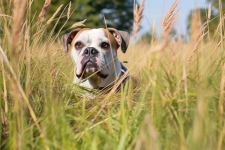 an english bulldog on a path in a field of tall grass, created with generative aiの素材