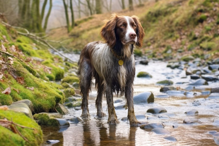 a spaniel on a gravel trail near a bubbling brook, created with generative aiの素材