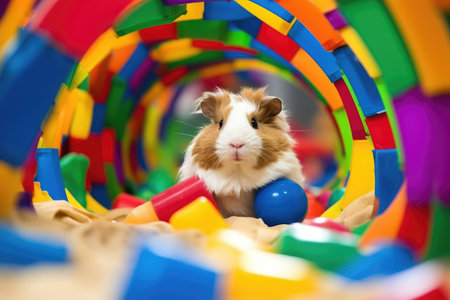 guinea pig hiding in a colorful plastic tunnel toy, created with generative aiの素材