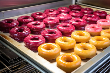 lined up doughnuts getting cooled after glazing, created with generative aiの素材