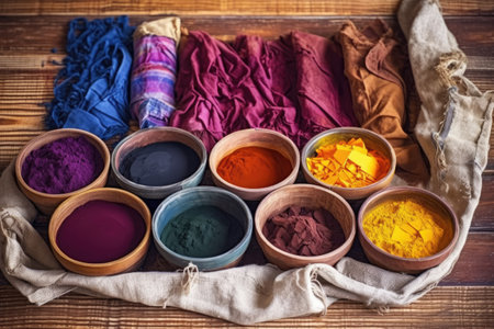 an array of natural dyes on wooden surface, created with generative aiの素材
