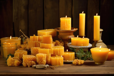 a table with beeswax candles and wooden candle holders, created with generative aiの素材