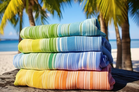 reusable fabric resort towels with palm print, created with generative aiの素材