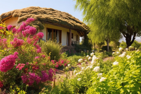 straw-bale lodge between flowering shrubs, created with generative aiの素材