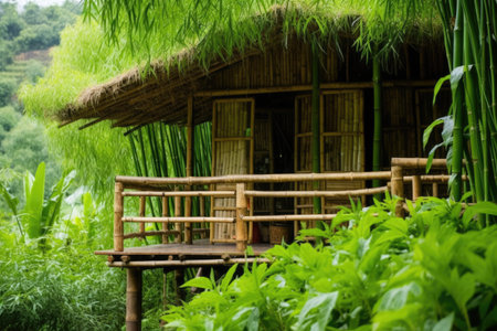 bamboo cottage blending into thick greenery, created with generative aiの素材