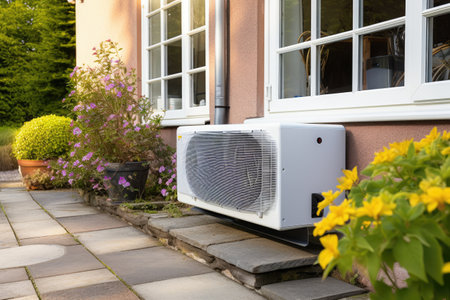 heat pump outside an energy efficient home, created with generative aiの素材