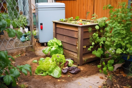 compost bin next to a home kitchen door, created with generative aiの素材
