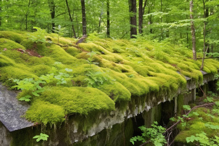 moss and vegetation-covered green roof, created with generative aiの素材