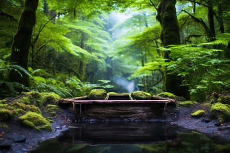 a rustic wooden hot spring filled with steaming water, surrounded by lush trees, created with generative aiの素材