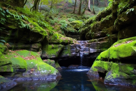 a thermal pool nestled in a rocky outcrop, surrounded by moss and ferns, created with generative aiの素材