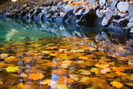 fallen autumn leaves garnishing the heated waters of an eco-friendly spring, created with generative aiの素材