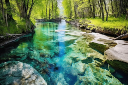 natural hot spring flowing into a crystal clear river in the wild, created with generative aiの素材