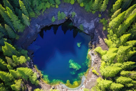 aerial view of a naturally formed geothermal pool in a forest setting, created with generative aiの素材