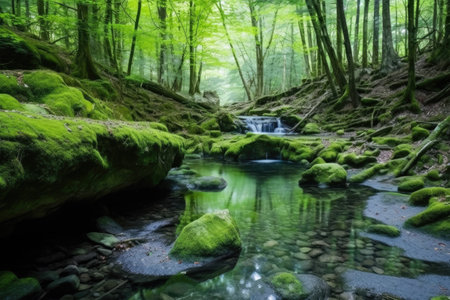 wide shot of a smooth stone hot spring, embedded in a dense forest, created with generative aiの素材