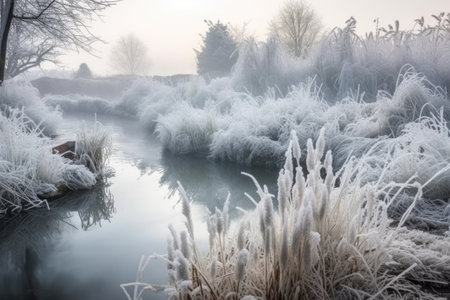 frost-covered plants around a hot, steamy natural spring, created with generative aiの素材