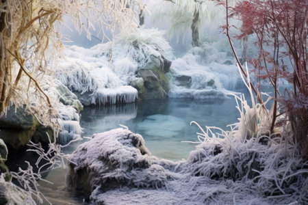 frost-covered plants around a hot, steamy natural spring, created with generative aiの素材