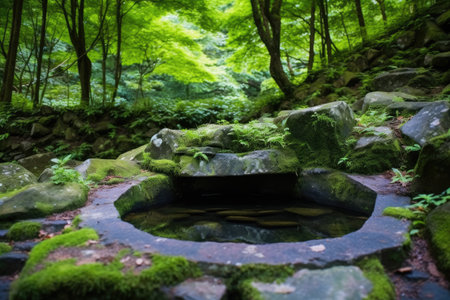 hot spring contained in a round stone basin among rich greenery, created with generative aiの素材