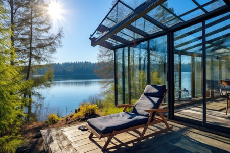 enclosed glass cabin offering panoramic lake views, solar panels outside, created with generative aiの素材