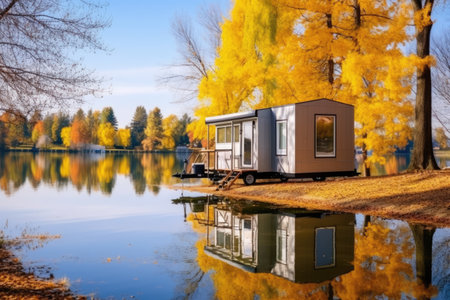 tiny house on wheels parked by a lake around trees, created with generative aiの素材