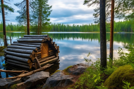 traditional log-built sauna near a clear forest lake, created with generative aiの素材