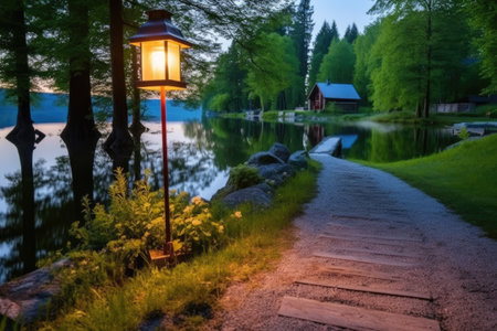 solar lamp illuminating a path to a picturesque lakeside retreat, created with generative aiの素材