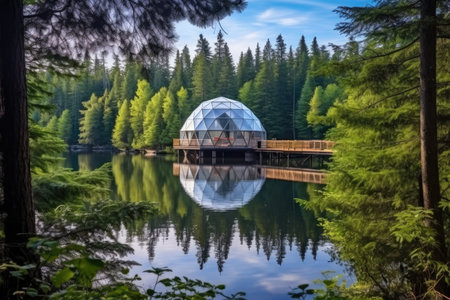 geodesic dome cabin near a serene forest lake, created with generative aiの素材