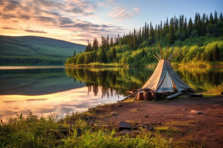 canvas tent on the shore of a quiet mountain lake at sunrise, created with generative aiの素材