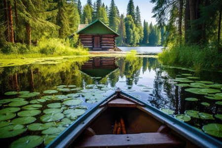arrival at a hidden wooden lakehouse via wooden canoe, created with generative aiの素材