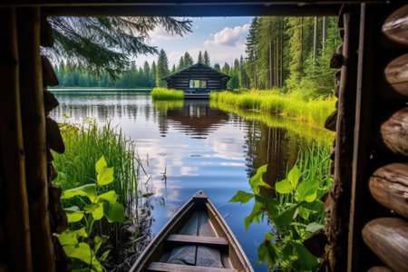 arrival at a hidden wooden lakehouse via wooden canoe, created with generative aiの素材