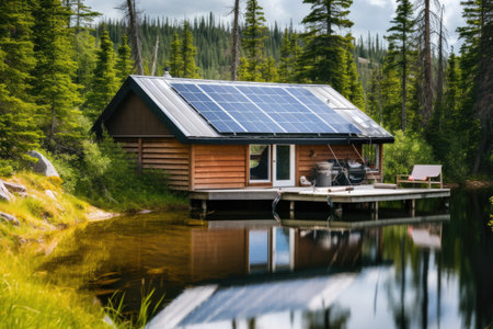 peaceful off-grid cabin on a lakeside, solar panels on roof, created with generative aiの素材