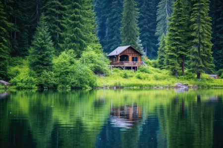 compact wooden cabin nestled in lush greenery by a calm lake, created with generative aiの素材