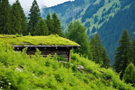 vegetation-covered eco-roof on a mountain hut, created with generative aiの素材