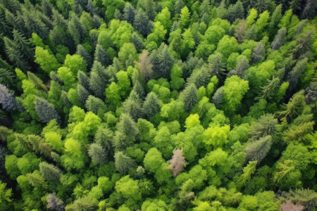 aerial shot of forest canopy from drone, created with generative aiの素材