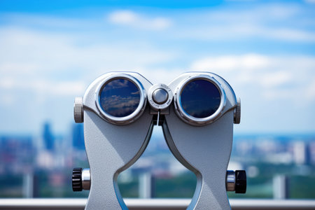 close-up of binoculars on observation deck, created with generative aiの素材