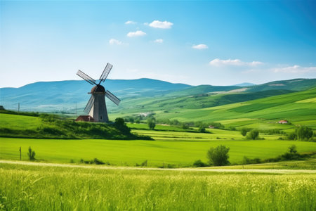 a windmill in a broad green valley under a clear sky, created with generative aiの素材