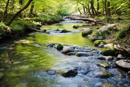 a creek flowing healthily after a cleanup, created with generative aiの素材