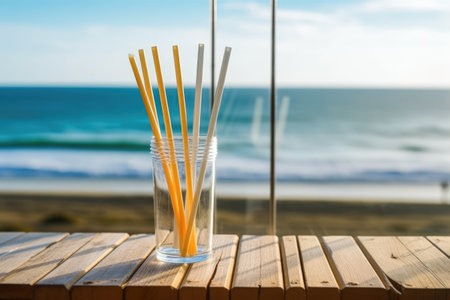 two eco-friendly non-plastic straws on a table in a beach shack, created with generative aiの素材