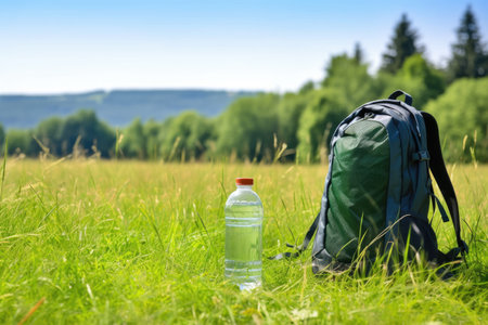 a reusable water bottle beside a backpack in a grassy field, created with generative aiの素材