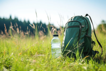 a reusable water bottle beside a backpack in a grassy field, created with generative aiの素材