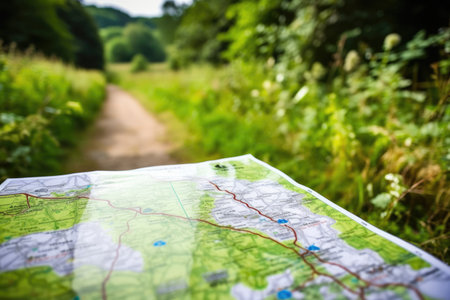 close-up of a map with an eco-trail route marked, created with generative aiの素材