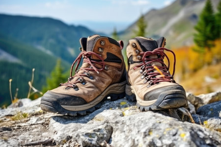 a pair of hiking boots on a mountain trail, created with generative aiの素材