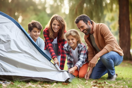family assembling a tent at a camping ground, created with generative aiの素材