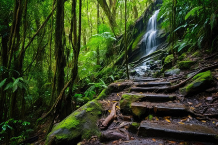 a rainforest trail with a waterfall visible, created with generative aiの素材