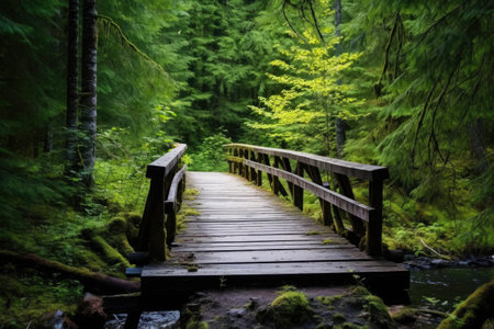 a wooden bridge on a forest trail, created with generative aiの素材