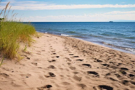 a sandy beach trail with footsteps, created with generative aiの素材