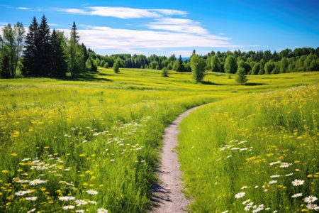 a trail winding through a blooming meadow, created with generative aiの素材